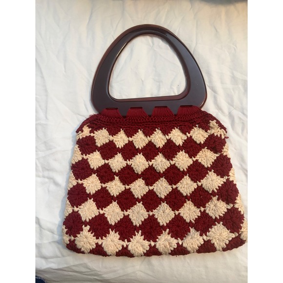 Handmade Handbags - Vintage Crochet Handbag Burgundy Cream Diamond Check Tortoise Handle Boho 70s